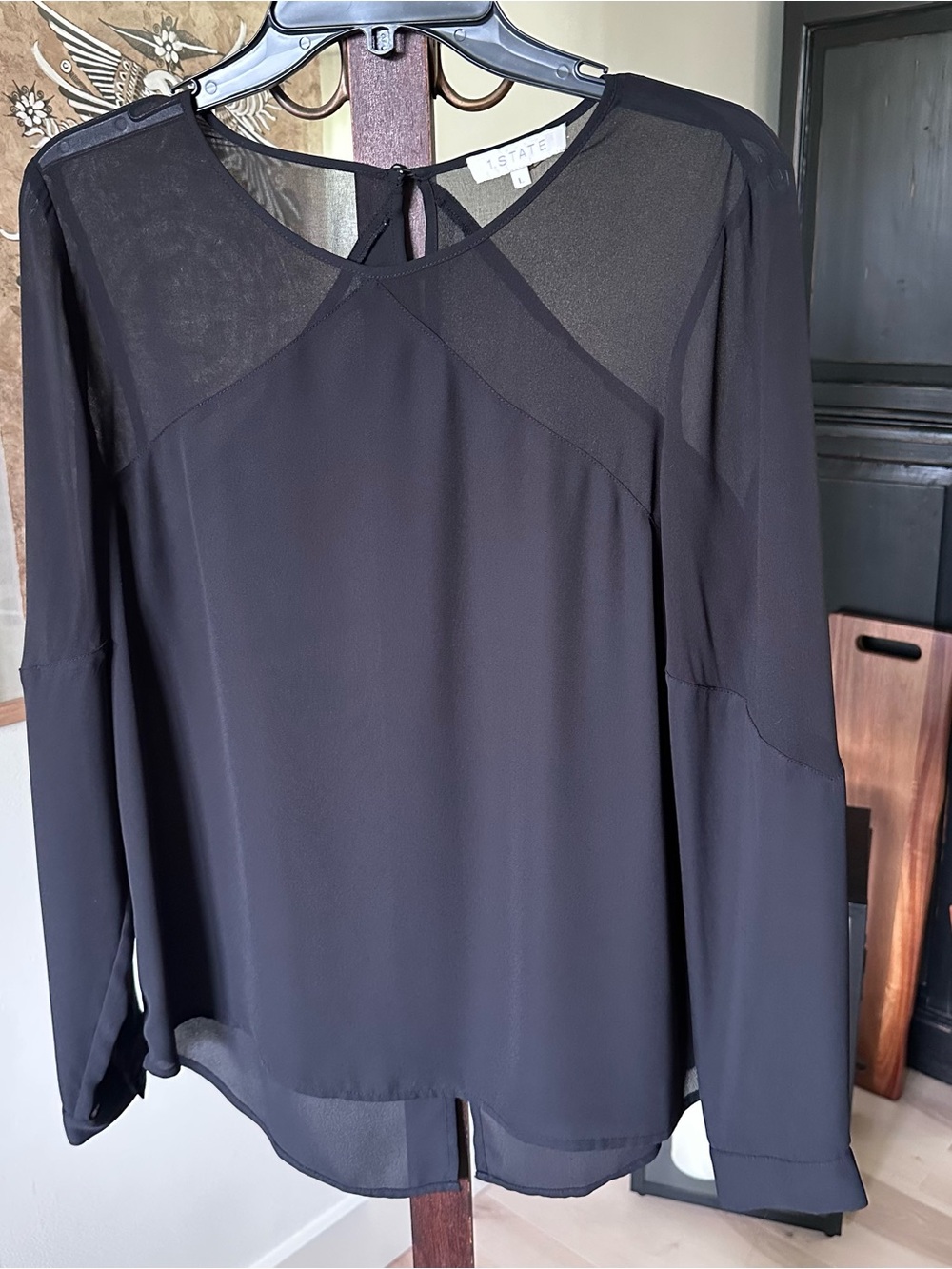 1. State Black Sheer-Yoke Long Sleeve Blouse